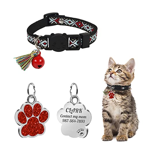 Uiopa Katzenhalsband mit Hundemarke Pfote Personalisiert, Katzenhalsband mit Glöckchen Und Quaste, Katzenhalsband Mit Namen für Katze und Hund, Verstellbar 20-30 cm von Uiopa