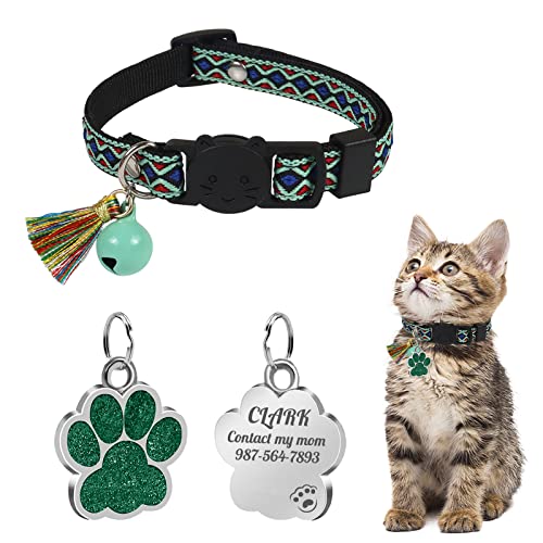 Uiopa Katzenhalsband mit Hundemarke Pfote Personalisiert, Katzenhalsband mit Glöckchen Und Quaste, Katzenhalsband Mit Namen für Katze und Hund, Verstellbar 20-30 cm von Uiopa