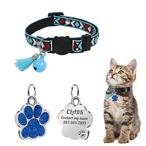 Uiopa Katzenhalsband mit Hundemarke Pfote Personalisiert, Katzenhalsband mit Glöckchen Und Quaste, Katzenhalsband Mit Namen für Katze und Hund, Verstellbar 20-30 cm von Uiopa