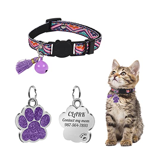 Uiopa Katzenhalsband mit Hundemarke Pfote Personalisiert, Katzenhalsband mit Glöckchen Und Quaste, Katzenhalsband Mit Namen für Katze und Hund, Verstellbar 20-30 cm von Uiopa