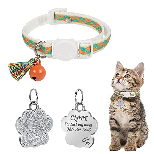 Uiopa Katzenhalsband mit Hundemarke Pfote Personalisiert, Katzenhalsband mit Glöckchen Und Quaste, Katzenhalsband Mit Namen für Katze und Hund, Verstellbar 20-30 cm von Uiopa