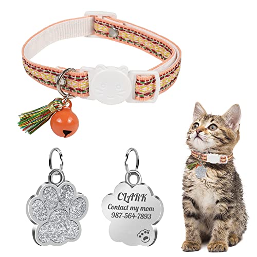 Uiopa Katzenhalsband mit Hundemarke Pfote Personalisiert, Katzenhalsband mit Glöckchen Und Quaste, Katzenhalsband Mit Namen für Katze und Hund, Verstellbar 20-30 cm von Uiopa