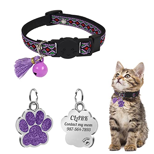 Uiopa Katzenhalsband mit Hundemarke Pfote Personalisiert, Katzenhalsband mit Glöckchen Und Quaste, Katzenhalsband Mit Namen für Katze und Hund, Verstellbar 20-30 cm von Uiopa