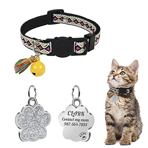 Uiopa Katzenhalsband mit Hundemarke Pfote Personalisiert, Katzenhalsband mit Glöckchen Und Quaste, Katzenhalsband Mit Namen für Katze und Hund, Verstellbar 20-30 cm von Uiopa