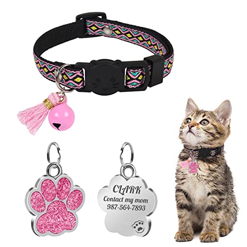 Uiopa Katzenhalsband mit Hundemarke Pfote Personalisiert, Katzenhalsband mit Glöckchen Und Quaste, Katzenhalsband Mit Namen für Katze und Hund, Verstellbar 20-30 cm von Uiopa