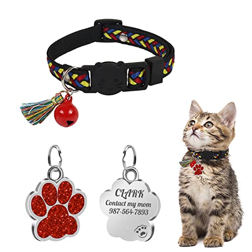 Uiopa Katzenhalsband mit Hundemarke Pfote Personalisiert, Katzenhalsband mit Glöckchen Und Quaste, Katzenhalsband Mit Namen für Katze und Hund, Verstellbar 20-30 cm von Uiopa