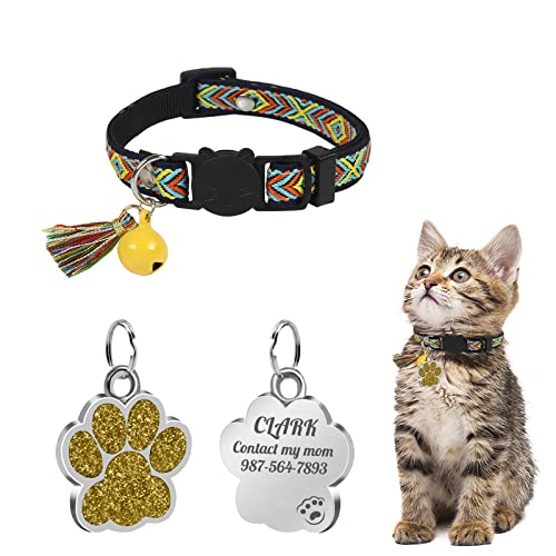 Uiopa Katzenhalsband mit Hundemarke Pfote Personalisiert, Katzenhalsband mit Glöckchen Und Quaste, Katzenhalsband Mit Namen für Katze und Hund, Verstellbar 20-30 cm von Uiopa