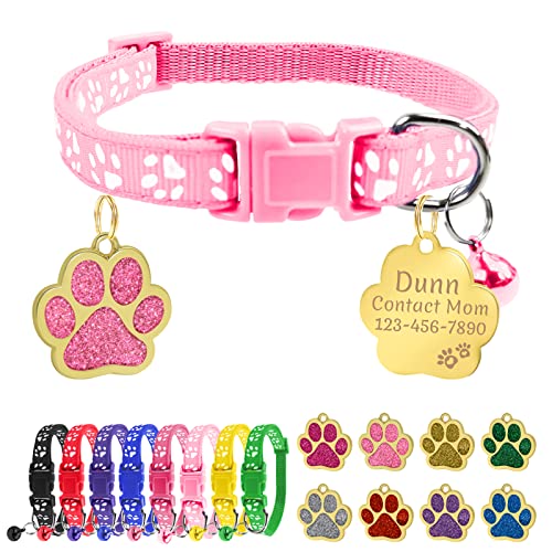 Uiopa Katzenhalsband mit Namen, Katzenhalsband mit Glöckchen, Kätzchen- und Welpenhalsbänder Personalisiert, Enthalten Prickelnde Hundemarke mit Gravur (Rosa, 1 Packung) von Uiopa