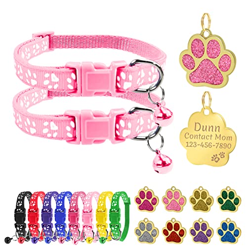 Uiopa Katzenhalsband mit Namen, Katzenhalsband mit Glöckchen, Kätzchen- und Welpenhalsbänder Personalisiert, Enthalten Prickelnde Hundemarke mit Gravur (Rosa, 2 Packung) von Uiopa