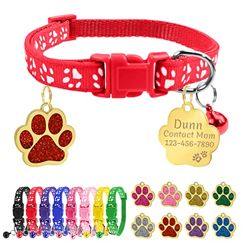 Uiopa Katzenhalsband mit Namen, Katzenhalsband mit Glöckchen, Kätzchen- und Welpenhalsbänder Personalisiert, Enthalten Prickelnde Hundemarke mit Gravur (Rot, 1 Packung) von Uiopa