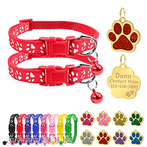 Uiopa Katzenhalsband mit Namen, Katzenhalsband mit Glöckchen, Kätzchen- und Welpenhalsbänder Personalisiert, Enthalten Prickelnde Hundemarke mit Gravur (Rot, 2 Packung) von Uiopa