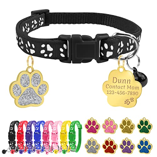 Uiopa Katzenhalsband mit Namen, Katzenhalsband mit Glöckchen, Kätzchen- und Welpenhalsbänder Personalisiert, Enthalten Prickelnde Hundemarke mit Gravur (Schwarz, 1 Packung) von Uiopa