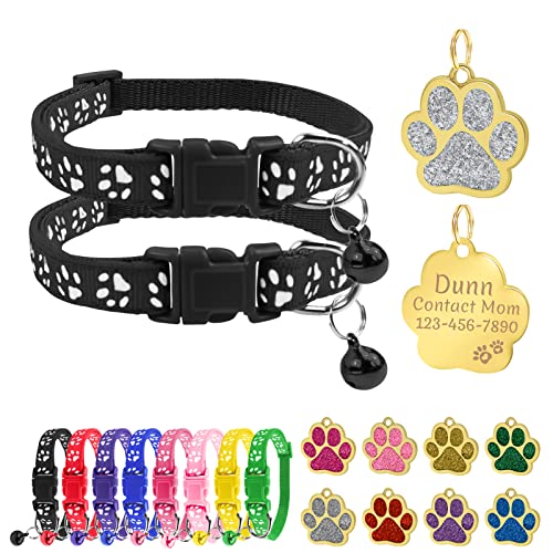 Uiopa Katzenhalsband mit Namen, Katzenhalsband mit Glöckchen, Kätzchen- und Welpenhalsbänder Personalisiert, Enthalten Prickelnde Hundemarke mit Gravur (Schwarz, 2 Packung) von Uiopa