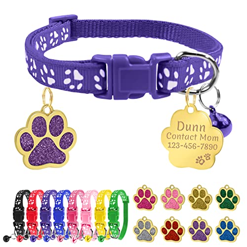 Uiopa Katzenhalsband mit Namen, Katzenhalsband mit Glöckchen, Kätzchen- und Welpenhalsbänder Personalisiert, Enthalten Prickelnde Hundemarke mit Gravur (Violett, 1 Packung) von Uiopa