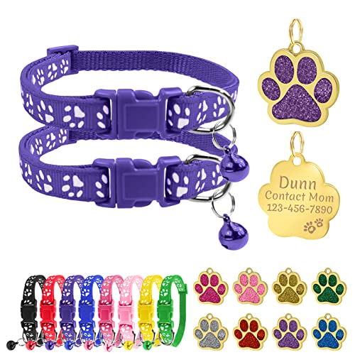 Uiopa Katzenhalsband mit Namen, Katzenhalsband mit Glöckchen, Kätzchen- und Welpenhalsbänder Personalisiert, Enthalten Prickelnde Hundemarke mit Gravur (Violett, 2 Packung) von Uiopa