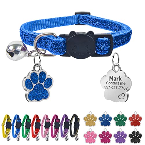 Uiopa Katzenhalsband mit Namen, Katzenhalsband mit Sicherheitsverschluss und Glöckchen, Halsband Katze Personalisiert, Enthalten Prickelnde Hundemarke mit Gravur (Blau) von Uiopa