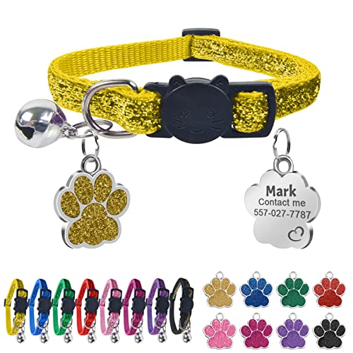 Uiopa Katzenhalsband mit Namen, Katzenhalsband mit Sicherheitsverschluss und Glöckchen, Halsband Katze Personalisiert, Enthalten Prickelnde Hundemarke mit Gravur (Gelb) von Uiopa