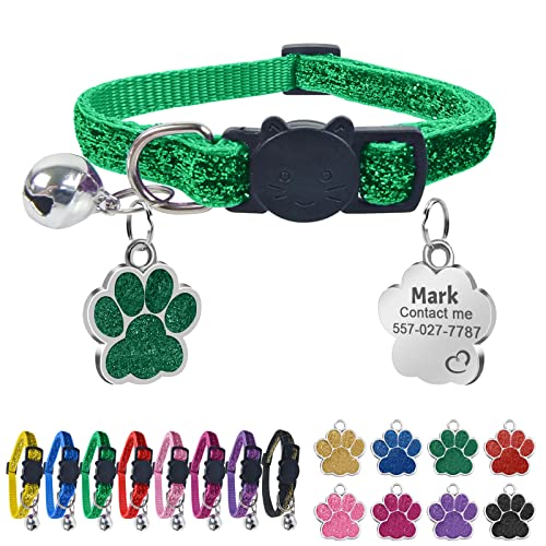 Uiopa Katzenhalsband mit Namen, Katzenhalsband mit Sicherheitsverschluss und Glöckchen, Halsband Katze Personalisiert, Enthalten Prickelnde Hundemarke mit Gravur (Grün) von Uiopa