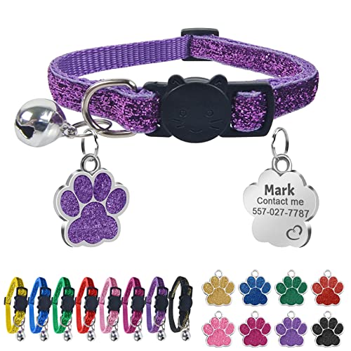 Uiopa Katzenhalsband mit Namen, Katzenhalsband mit Sicherheitsverschluss und Glöckchen, Halsband Katze Personalisiert, Enthalten Prickelnde Hundemarke mit Gravur (Lila) von Uiopa