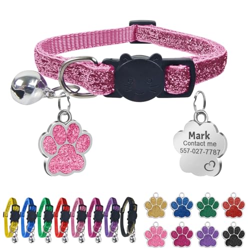 Uiopa Katzenhalsband mit Namen, Katzenhalsband mit Sicherheitsverschluss und Glöckchen, Halsband Katze Personalisiert, Enthalten Prickelnde Hundemarke mit Gravur (Pink) von Uiopa