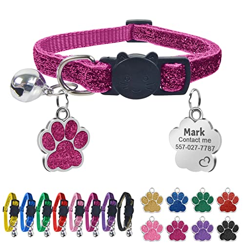 Uiopa Katzenhalsband mit Namen, Katzenhalsband mit Sicherheitsverschluss und Glöckchen, Halsband Katze Personalisiert, Enthalten Prickelnde Hundemarke mit Gravur (Rosarot) von Uiopa