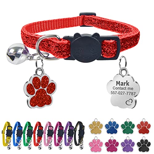 Uiopa Katzenhalsband mit Namen, Katzenhalsband mit Sicherheitsverschluss und Glöckchen, Halsband Katze Personalisiert, Enthalten Prickelnde Hundemarke mit Gravur (Rot) von Uiopa