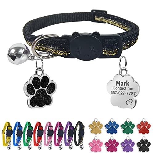 Uiopa Katzenhalsband mit Namen, Katzenhalsband mit Sicherheitsverschluss und Glöckchen, Halsband Katze Personalisiert, Enthalten Prickelnde Hundemarke mit Gravur (Schwarz) von Uiopa