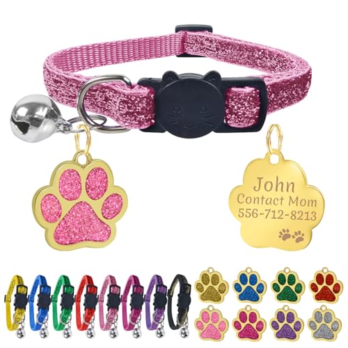 Uiopa Katzenhalsband mit Prickelnde Katzenmarken Personalisiert, Katzenhalsband mit Namen und Telefonnummer, Verstellbar Halsband Katze mit Sicherheitsverschluss für Katzen und Welpen (Pink) von Uiopa