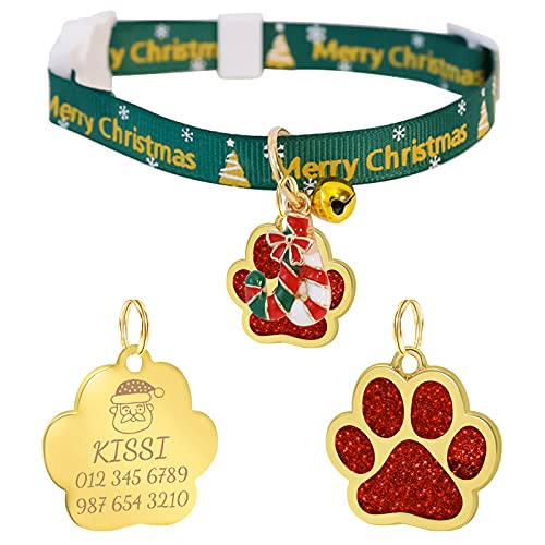 Uiopa Weihnachten Katzenhalsband mit Sicherheitsverschluss + Hundemarke mit Gravur, Personalisiert Hundehalsband mit Name, Verstellbar Katzen Halsbänder mit Anhänger für Hunde Katze (Rot, M) von Uiopa