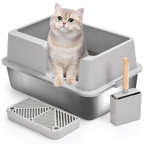 Uisave Offene Katzentoilette Edelstahl Katzenklo XXL– Große Katzentoilette für Große Katzen und Kätzchen – Spritzschutz, Leicht zu Reinigen, Tierfreundliches Design,Grau von Uisave