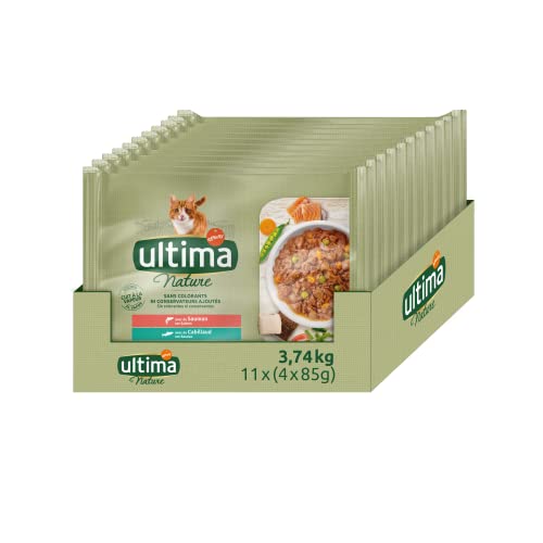 Ultima Nature Nassfutter für Katzen mit Lachs und Kabeljau, 11 Beutel à 4 x 85 g, insgesamt: 3,74 kg von Ultima Nature