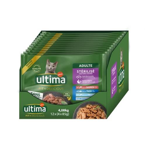 ULTIMA Lunchbeutel Katze sterilisiert Lachs, Thunfisch, Forelle & Ozeanfisch – 12 Multipacks x 4 x 85 g von Ultima