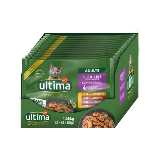 ULTIMA Lunchbeutel für sterilisierte Katzen, Huhn, Truthahn, Rindfleisch & Lamm, 12 Stück x 4 x 85 g von Ultima