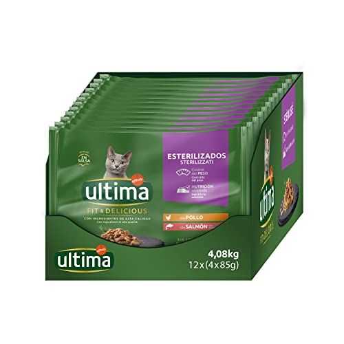 Ultima Nassfutter für Katzen mit Huhn und Lachs - 4 x 85 g x 12 (4,08 kg) - 4080 g von Ultima