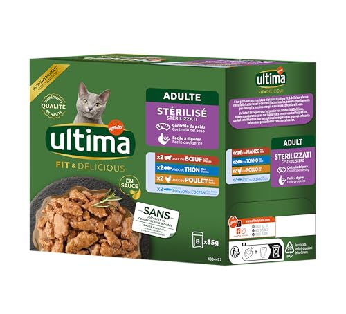 Ultima Wet Fit & Delicious – Nassfutter für Katzen, sterilisiert, Multipack Huhn, Rind und Thunfisch, Meeresfisch, 85 g*8 von Ultima