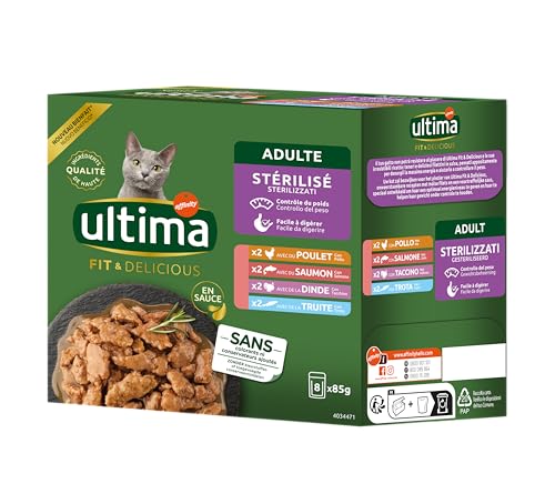 Ultima Wet Fit & Delicious – Nassfutter für Katzen, sterilisiert, Multipack Huhn/Truthahn/Salmone-Trota 85 g*8 von Ultima