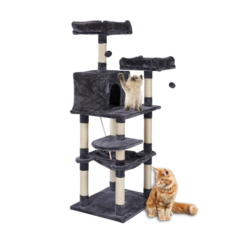 Ultiness® Katzen Kratzbaum Harry 146 cm Katzenbaum Kletterturm, Kletterbaum Aktivitätskratzbaum mit Sisal Säulen, Katzenspielzeug, Höhle, Plattformen, Hängematte/Liegemulde, dunkelgrau von Ultiness