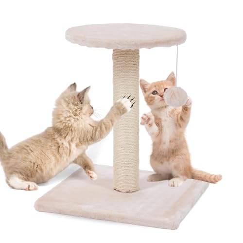 Ultiness® Kratzbaum Coco für Katzen, platzsparend, Katzenmöbel mit Katzenspielzeug, Kratzpfosten mit Sisal-Kratzfläche, Spielball, Mini Kratzbaum beige mit Plüsch für kleine Rassen & Kitten von Ultiness