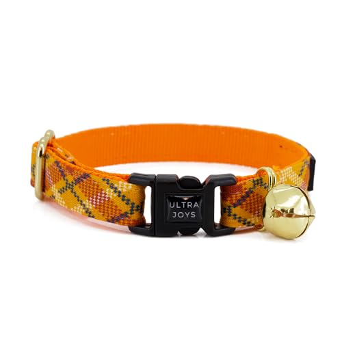 Ultra Joys Katzenhalsband mit Glöckchen - Breakaway für Katzen, Junge & Mädchen Katzenhalsbänder Kätzchenhalsband mit Glocke - Break Away Halsband für Katzen - Breakaway Katzenhalsband Orange Plaid von Ultra Joys