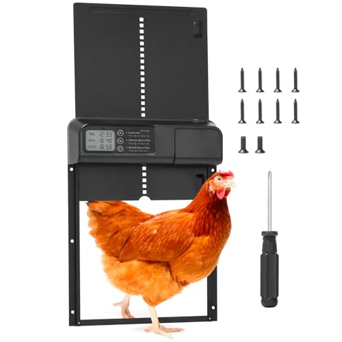 Umelee Automatische Hühnerklappe aus Aluminium, Batteriebetriebene Hühnerstalltür mit Timer & LED-Bildschirm, Hühnerstall Türöffner, Elektrische Hühnerklappe, Intelligenter Einklemmschutz von Umelee