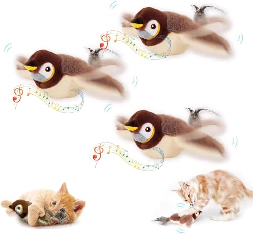 Umikk Katzenspielzeug Vogel Simuliertes Zwitscherndes, Selbstbeschäftigung Flappy Bird Cat Toy Interaktives Katzenspielzeug Elektrisch Fliegender Vogel,Flapping Bird Cat Toy (Spatz (3 Stück)) von Umikk