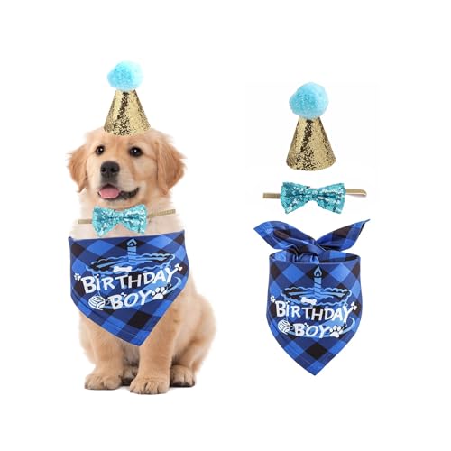 Hunde-Geburtstagstuch, Hunde-Geburtstagshut, Fliege, blau-rosa Hunde-Geburtstagsset für Jungen und Mädchen, Geburtstagstuch, Halsband, personalisierbares Hundehalstuch, Geburtstagshut, Bandana, von Umimiss