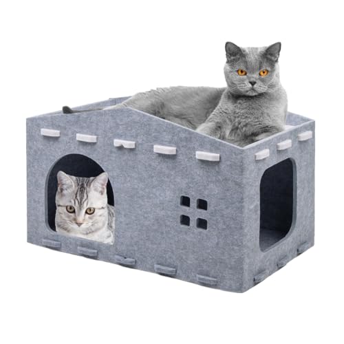 Umllpet Katzenhöhle Filz, Katzenhaus aus Filz, Abnehmbares Katzenbett, Katzenhöhle für Katzen, 56 x 36 x 20cmFilzhöhle Grau, Winterfest und Wärmeisolierend, Peek-a-Boo zum Spielen, Schutz der Katzennä von Umllpet