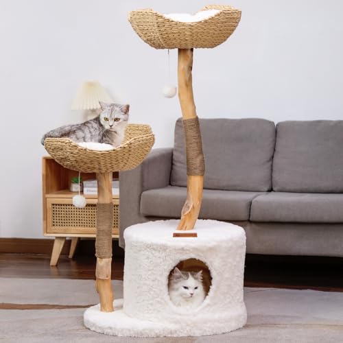 U-Moving 116.8 cm Naturholz Katzenbaum für Indoor Katzen, Moderner Katzenturm für große Katzen, Echter Ast Einzigartiger Katzenbaum, Katzenturm mit Kratzbaum, Luxus Katzenliebhaber Geschenk von Umoving