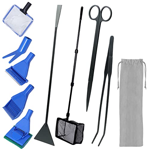 Moendergo 9-in-1 Aquarium-Reinigungswerkzeug-Set, Fischnetz, Kiesrechen, Pflanzengabel, Schaber, Schwamm und Edelstahl-Aquarium-Werkzeug-Set, Aquarium-Reiniger, Aquascape Wasserpinzette, Schaber-Set von Moendergo