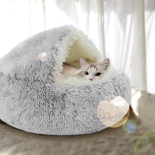 Undres Katzenbett flauschig, Hundebett, Katzenschlafsack, Katzenbettchen, Katzenkorb zum Schlafen, beruhigendes Bett für Katzen, waschbar, für kleine Hunde und Katzen. (Ø 50 cm, Grau) von Undres