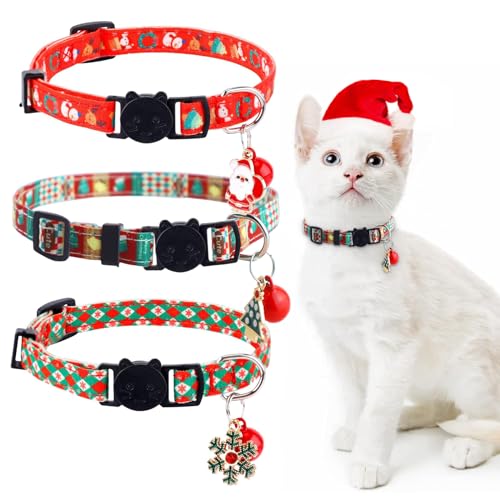 3 Stück Weihnachts-Katzenhalsbänder – Katzenhalsband mit Glöckchen, verstellbar, niedliches Kostüm-Zubehör, Sicherheitsschnalle, 17,8–30,5 cm, für kleine Haustiere, Kätzchen, Welpen, Hasen, Jungen, von Uni PNR