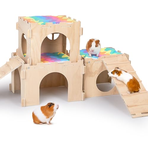 Meerschweinchenversteck Meerschweinchenhaus mit Treppe und Matten Extra großes Meerschweinchenschloss Abnehmbare Verstecke für Kleintiere Holz Meerschweinchen Lebensräume mit Mehreren Türen und von Unicorn Catcher