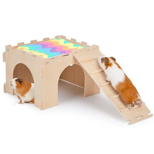 Meerschweinchenversteck, Meerschweinchenhaus mit Treppe und Matten, extra großes Meerschweinchen-Schloss, abnehmbare Verstecke für Kleintiere, Meerschweinchen-Lebensräume aus Holz mit mehreren Türen von Unicorn Catcher