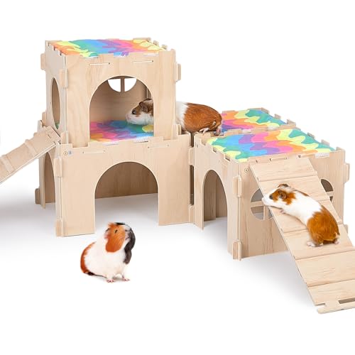 Meerschweinchenversteck Meerschweinchenhaus mit Treppe und Matten Extra großes Meerschweinchenschloss Abnehmbare Verstecke für Kleintiere Holz Meerschweinchen Lebensräume mit mehreren Türen und von Unicorn Catcher